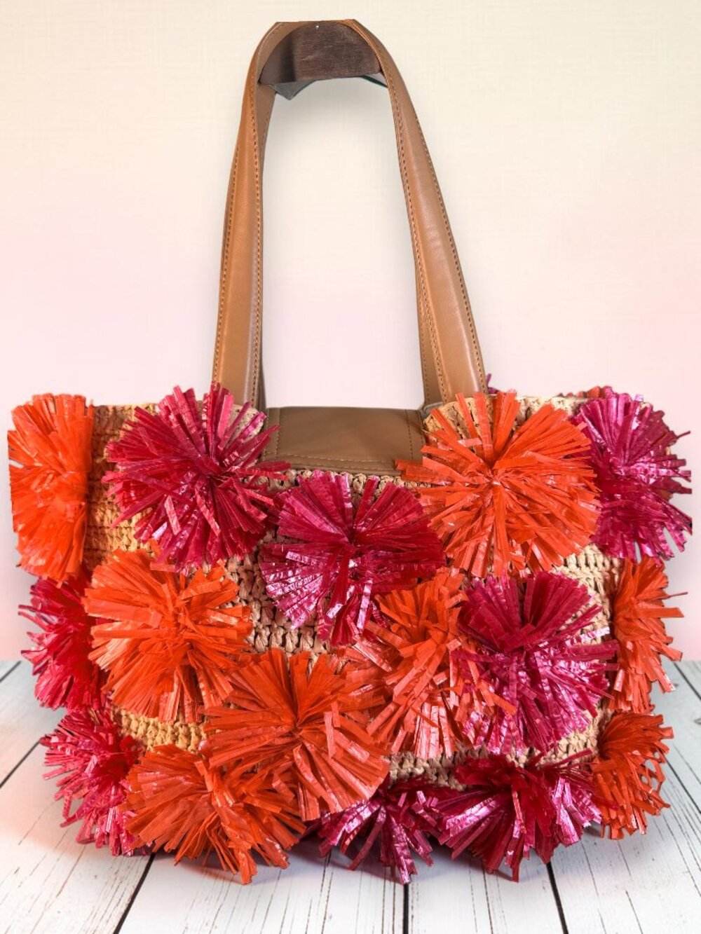 Sharif Woven Raffia 3D Floral Appliquรฉ Large Shoulder Crossbody Tote SAMPLE Bag - Picture 8 of 15